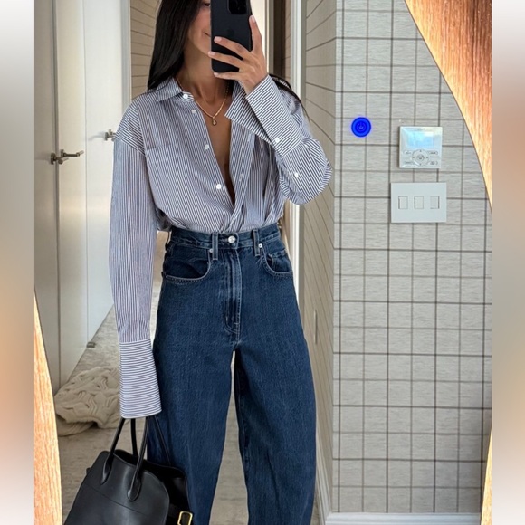 Frame Denim Pleated Clean Collar Blouse Navy Multi Blue White Stripe size Large - Picture 2 of 16